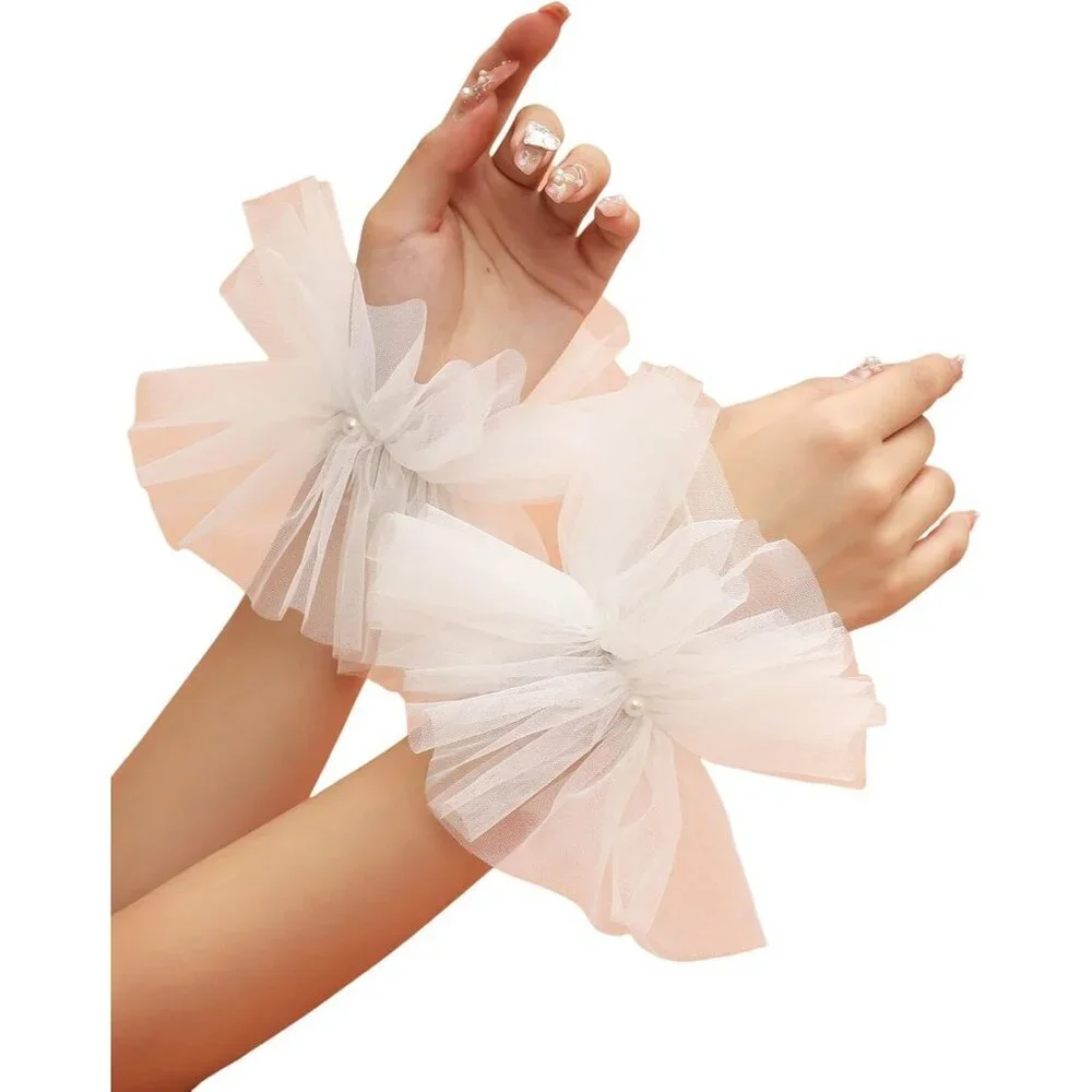 Women's Fingerless White Pearl Tulle Short Lace Gloves Wedding Party Prom